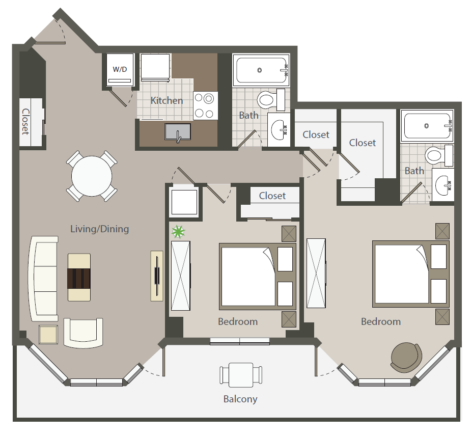 Floor plan for 2 beds, 2 baths, 1076 sqft